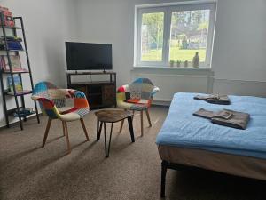 a bedroom with two chairs and a bed and a tv at Privát ANAMON Gaštanová in Kežmarok