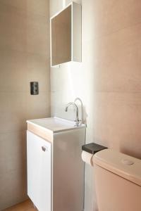 a small bathroom with a sink and a toilet at Encantos de Altitude Cabanas e Studio Container in São Joaquim