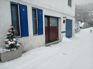 a house with a christmas tree in the snow at Alloggio Centro Torgnon vicino impianti sci in Torgnon +6 photos