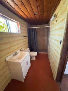 a bathroom with a sink and a toilet and a window at Casa Andres in Camalú