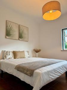 a bedroom with a large bed with a light at Casa do Rio Ceira Góis in Góis