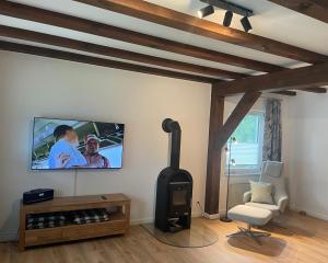a living room with a fireplace and a flat screen tv at Haus Fünfschläfer in Dreschvitz