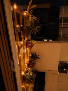 a balcony with potted plants on a railing with lights at Hotel Copacabana Stay in Serra