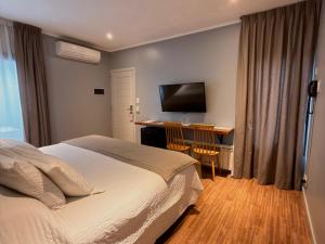 a bedroom with a bed and a desk with a television at HYN Hotel Boutique in General Belgrano