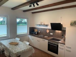 a kitchen with a table and a sink and a refrigerator at Haus Fünfschläfer in Dreschvitz +6 photos