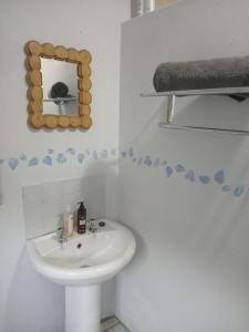 a white bathroom with a sink and a mirror at Feather Foot Self catering Accommodation in Heidelberg