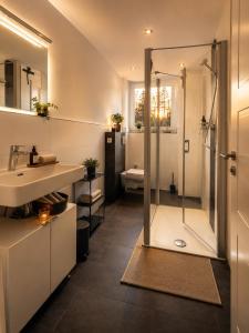 a bathroom with a shower and a sink at Ferienwohnung Eifelglück in Pelm