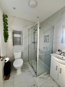 a bathroom with a shower and a toilet and a sink at The Grove Sutton in Sutton