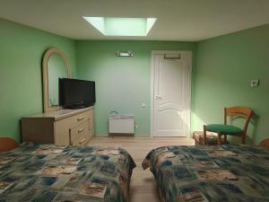 a bedroom with two beds and a tv and a mirror at Žangrija in Verbiškis +7 photos