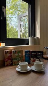two cups of coffee sitting on a table near a window at Tiny house U Lasiček in Perštejn