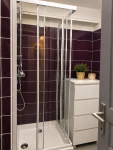 a shower with a glass enclosure in a bathroom at Charmant studio,Terrasse et Parking in Montpellier