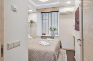 a bedroom with a bed in a room with a window at Boutique Flat - Spa Shower - Sound System in Tallinn
