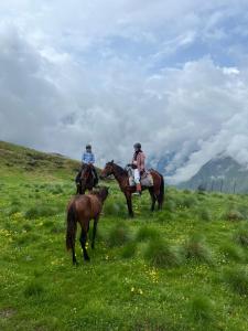 two people are riding horses in a field at Guesthouse Shete in Khonischala