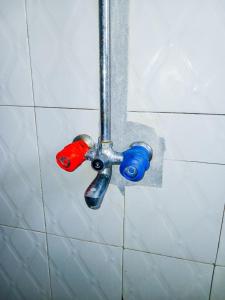 a shower faucet with two different colored knobs at Diamond luxury Studio Watamu in Watamu +28 photos