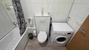 a small bathroom with a toilet and a washing machine at Húsavík Apartment in Húsavík +40 photos