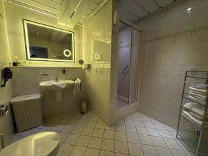 a bathroom with a sink and a toilet and a shower at Ferienhaus Nehring in Bad Neuenahr-Ahrweiler
