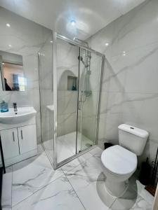 a bathroom with a shower and a toilet and a sink at Sutton & Stone in Sutton