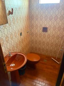a bathroom with a brown toilet and a sink at Hotel em Caçu in Caçu