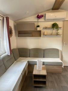 a living room with a couch and a table at Le Soléa in Le Cailar