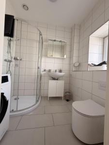 a bathroom with a shower and a toilet and a sink at Apartment am Kalsmunt in Wetzlar +13 photos