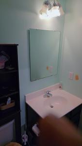 a bathroom with a sink and a large mirror at North in Camby