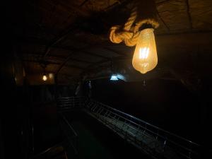a light hanging from a ceiling in a dark room at Navora Houseboats in Alleppey +53 photos