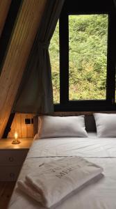 a bedroom with a large bed with two windows at Villa MERISI in Merisi