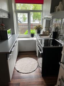 a kitchen with a stove and a sink and a window at 1 room apartment with its own yard in Pärnu