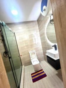 a small bathroom with a toilet and a sink at CBC Towers in Lagos