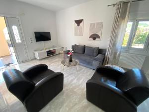 a living room with two couches and a tv at Anemomilos in Samos