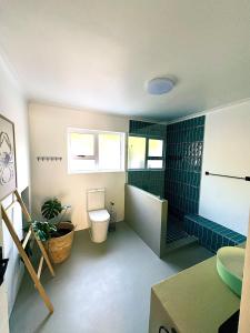a bathroom with a toilet and a shower and a sink at House Charisma in Britannia Bay +52 photos