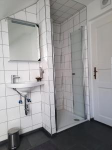 a bathroom with a shower and a sink and a mirror at Wohnung in einer kleinen Burg in Neunkirchen