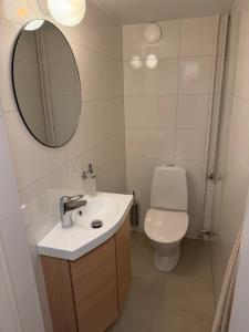 a bathroom with a sink and a toilet and a mirror at Lägenhet 36B in Båstad
