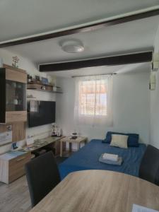 a bedroom with a bed and a desk and a table at Apartment Lela - self check-in and check-out in Otočac