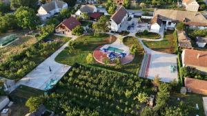 an aerial view of a house with a swimming pool at Imanje Dorf in Ravno Selo
