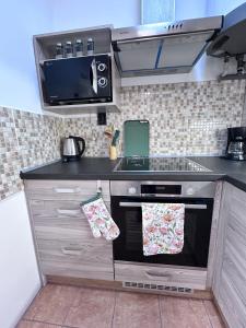 a kitchen with a stove and a microwave at Apartmán Líšný - U Jizery in Líšný +3 photos