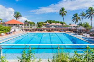 a pool at the resort with palm trees in the background at Hôtel des Roches Kourou in Kourou +1 photo
