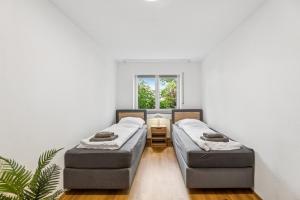 a room with two beds and a table and a window at Casa Materi Geldersheim in Geldersheim