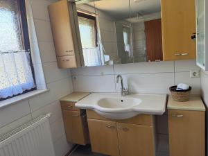 a bathroom with a sink and a mirror at Ferienhaus Tal in Geislingen