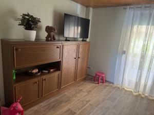 a living room with a television on a wooden entertainment center at Ferienhaus Tal in Geislingen