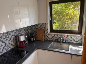 a kitchen counter with a sink and a window at Ferienwohnung Talglück in Weissach Im Tal