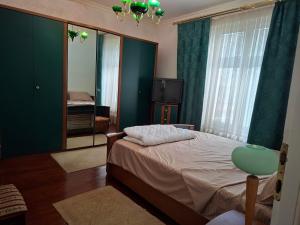 a bedroom with a bed with a green wall at Ace Apartments in Bitola