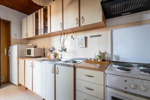 a kitchen with white cabinets and a sink and a refrigerator at Apartman Kika Knjaževac in Knjazevac. +14 photos