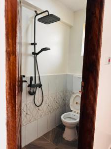 a bathroom with a shower and a toilet at Stlounge-kisaju in Stony Athi
