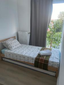 a small bed in a room with a window at Campe Good in Waterloo