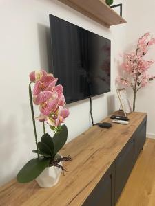 a living room with a tv and a flower on a table at Orhideja 075 in Tuzla