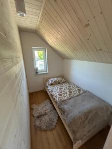 two beds in a small room with a window at Noclegi u Dąbka 2 in Głębokie