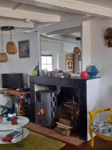 a living room with a fireplace in a living room at Au Coeur de la Cour in Saint-Georges-sur-Cher