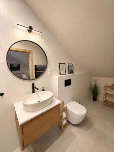 a bathroom with a sink and a toilet and a mirror at Młyn Bosaka in Ojców +19 photos
