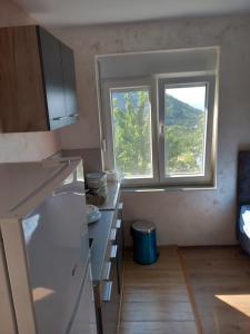 a kitchen with a counter and a window at Apartman Selišta in Danilovgrad